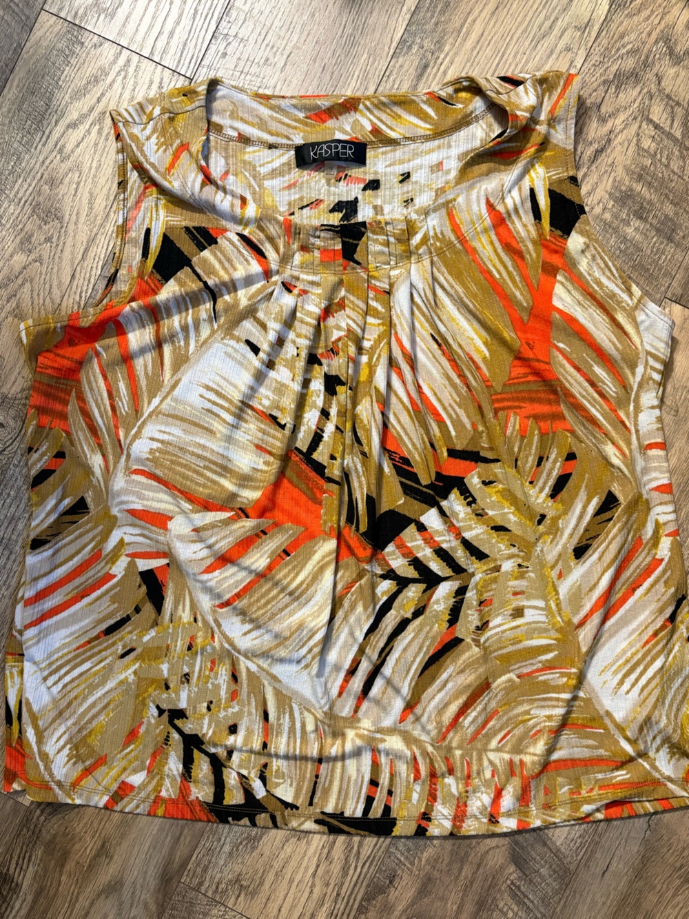 Kasper Sleeveless Palm-Print Top in Orange, Gold, Black, Cream